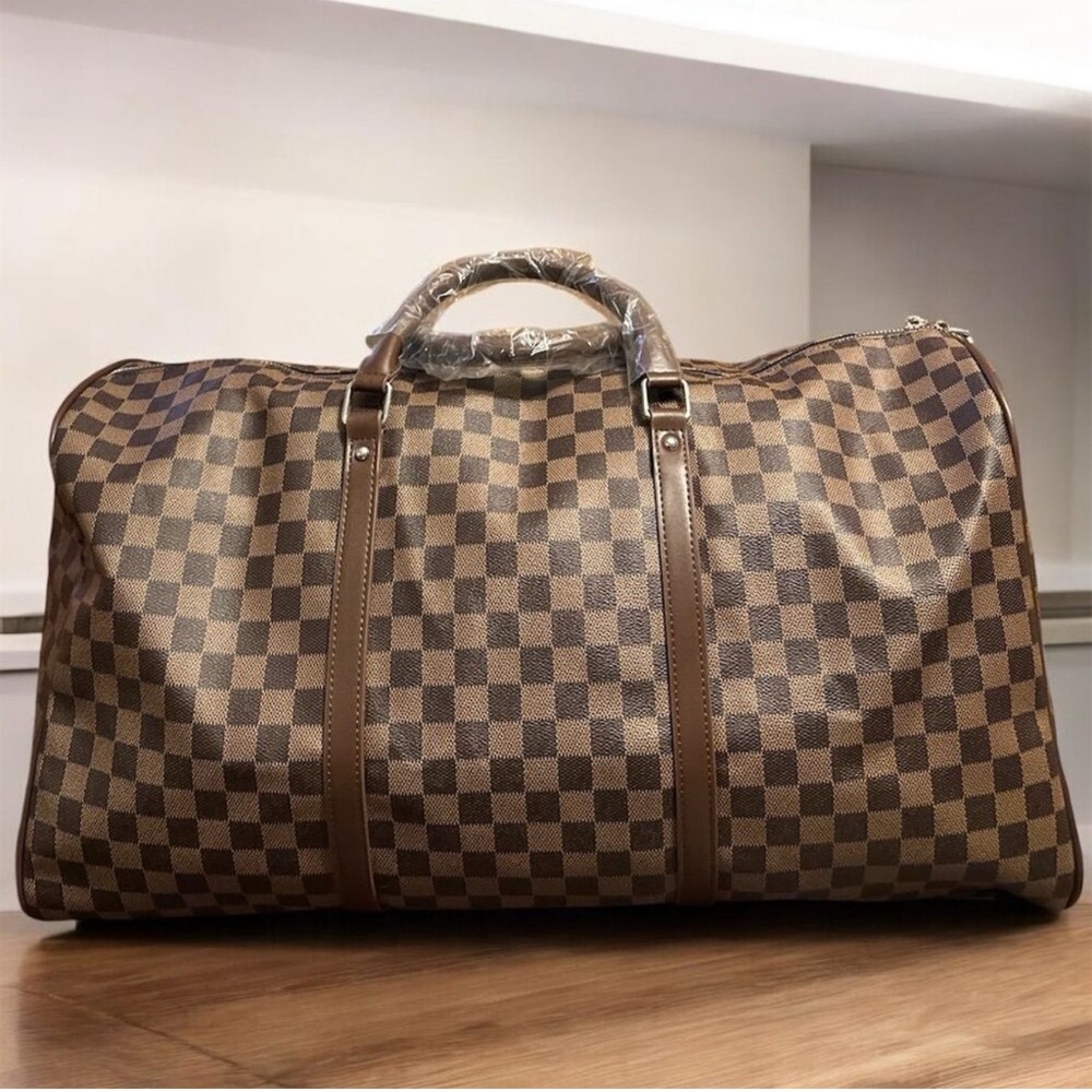 Elegant Brown Checkered Duffel Bag with Leather Trim